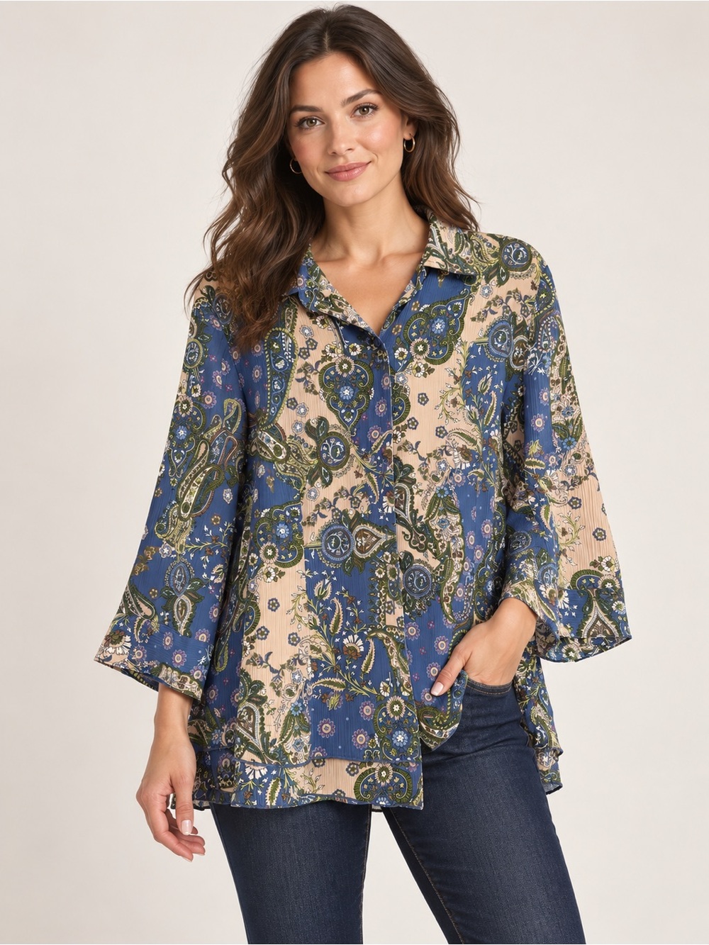 CJ Banks Women’s 1X Blue Paisley Floral Button Front Tunic Blouse Plus Size